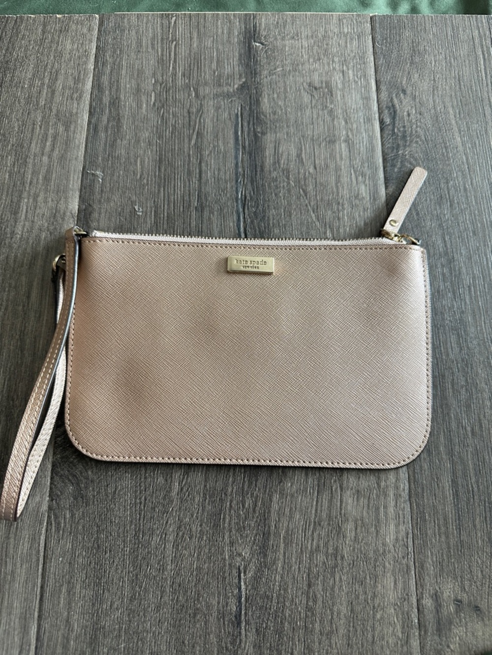 kate spade metallic taupe wristlet clutch with wrist strap